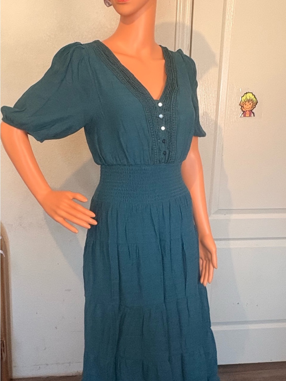 V-Neck Smocked Waist Maxi Dress in Teal